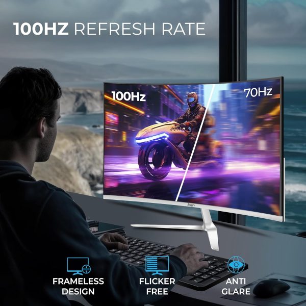 Foxin Elite 24 Inch Curved LED Monitor – Full FHD 1080p, 100Hz, Frameless Design, HDMI & VGA Ports, Anti-Glare, Flicker-Free, Wall Mountable, LED Backlight