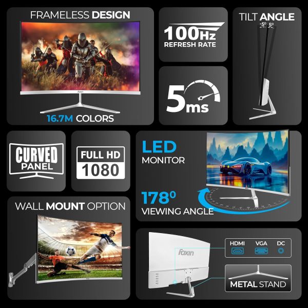 Foxin Elite 24 Inch Curved LED Monitor – Full FHD 1080p, 100Hz, Frameless Design, HDMI & VGA Ports, Anti-Glare, Flicker-Free, Wall Mountable, LED Backlight