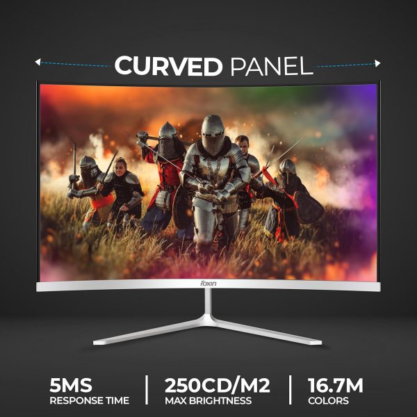 Foxin Elite 24 Inch Curved LED Monitor – Full FHD 1080p, 100Hz, Frameless Design, HDMI & VGA Ports, Anti-Glare, Flicker-Free, Wall Mountable, LED Backlight