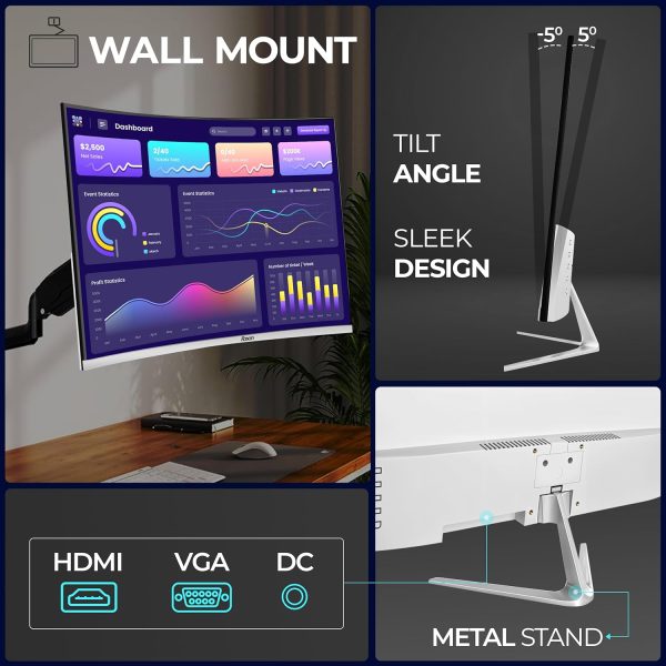 Foxin Elite 24 Inch Curved LED Monitor – Full FHD 1080p, 100Hz, Frameless Design, HDMI & VGA Ports, Anti-Glare, Flicker-Free, Wall Mountable, LED Backlight