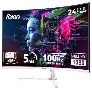 Foxin Elite 24 Inch Curved LED Monitor – Full FHD 1080p, 100Hz, Frameless Design, HDMI & VGA Ports, Anti-Glare, Flicker-Free, Wall Mountable, LED Backlight