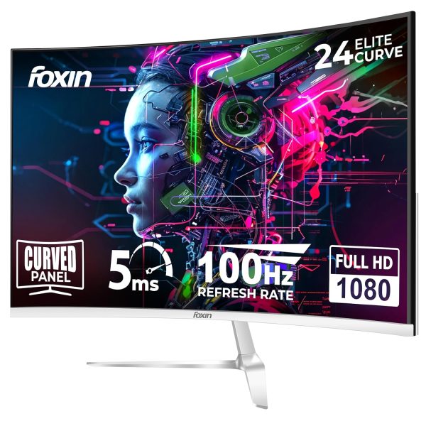 Foxin Elite 24 Inch Curved LED Monitor – Full FHD 1080p, 100Hz, Frameless Design, HDMI & VGA Ports, Anti-Glare, Flicker-Free, Wall Mountable, LED Backlight