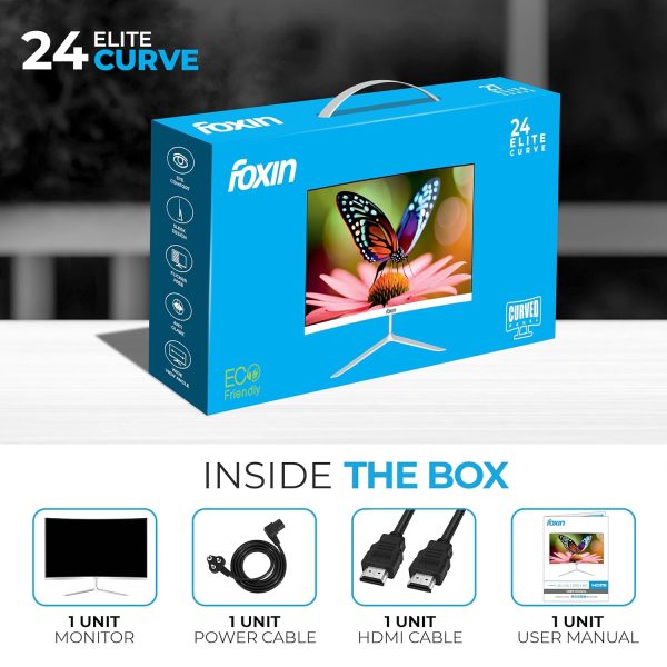Foxin Elite 24 Inch Curved LED Monitor – Full FHD 1080p, 100Hz, Frameless Design, HDMI & VGA Ports, Anti-Glare, Flicker-Free, Wall Mountable, LED Backlight