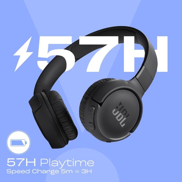 JBL Tune 520BT Wireless Headphones with Mic, Upto 57H Battery, Speed Charge : 5 min Charge Gives up to 3H of Playback, Multipoint Connect, Customizable Bass with Headphones App, BT 5.3 (Black)