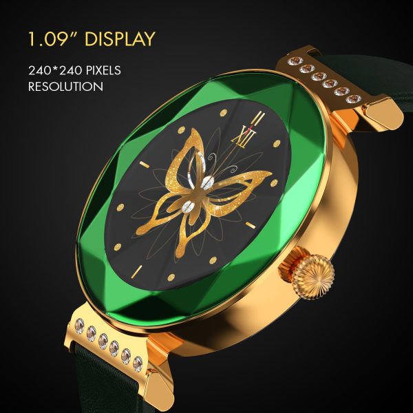 Fire-Boltt Emerald Gemstone-Studded Diamond Cut Smart Watch 27.68mm (1.09 inch) with Additional Stainless Steel Strap (Green)