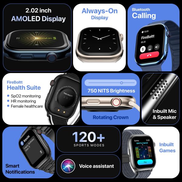 Fire-Boltt Brillia Pro Smart Watch with 51.3mm (2.02 inch) AMOLED Display, Bluetooth Calling, SpO2, Heart Rate Monitoring, 120+ Sports Modes, IP67 Waterproof, Long Battery Life (Black Chain)