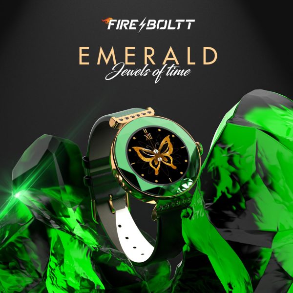 Fire-Boltt Emerald Gemstone-Studded Diamond Cut Smart Watch 27.68mm (1.09 inch) with Additional Stainless Steel Strap (Green)