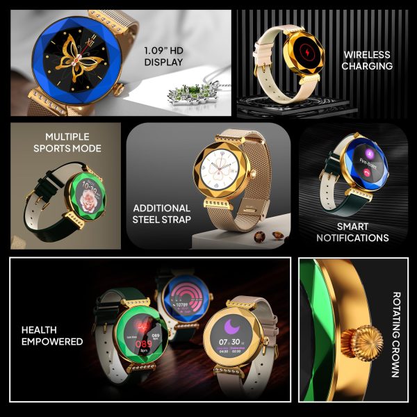 Fire-Boltt Emerald Gemstone-Studded Diamond Cut Smart Watch 27.68mm (1.09 inch) with Additional Stainless Steel Strap (Green)
