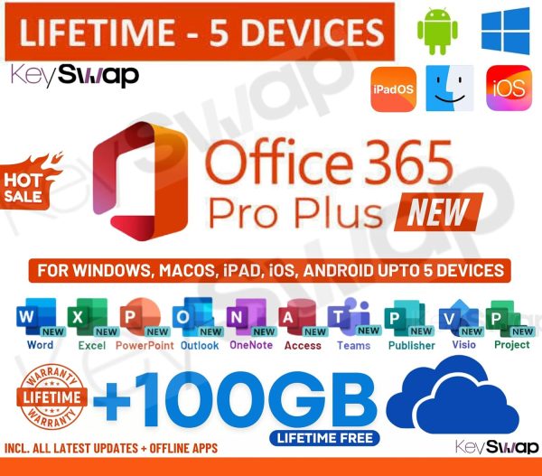 MS 365 Pro Plus | New 2025 Edition | (upto 5 Devices, Lifetime Validity) for Win, iOS, macOS, iPADOS, Android | 100GB Cloud Storage for lifetime | Regular Updates with Unlimited Reinstallations