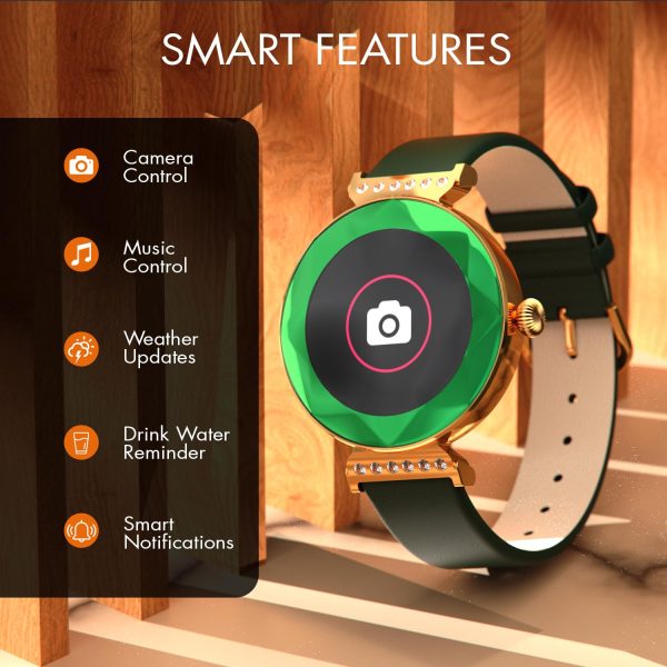 Fire-Boltt Emerald Gemstone-Studded Diamond Cut Smart Watch 27.68mm (1.09 inch) with Additional Stainless Steel Strap (Green)