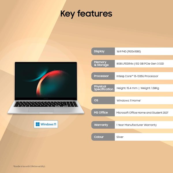 Samsung Galaxy Book3 Core i5 13th Gen 1335U - (16 GB/512 GB SSD/Windows 11 Home) Galaxy Book3 Thin and Light Laptop (15.6 Inch, Silver, 1.58 Kg, with MS Office)