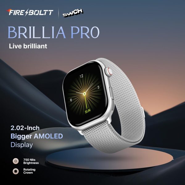 Fire-Boltt Brillia Pro Smart Watch with 51.3mm (2.02 inch) AMOLED Display, Bluetooth Calling, SpO2, Heart Rate Monitoring, 120+ Sports Modes, IP67 Waterproof, Long Battery Life (Silver)