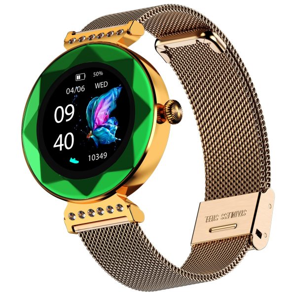 Fire-Boltt Emerald Gemstone-Studded Diamond Cut Smart Watch 27.68mm (1.09 inch) with Additional Stainless Steel Strap (Green)