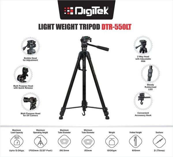 Digitek (DTR-550 LT) (65 Inch) Lightweight Tripod (Maximum Load up to 5kg), 5.57 Feet Tall for Digital SLR & Video Cameras, Made Aluminium Material