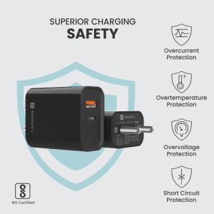 Portronics Adapto 45 22.5 W Mobile Charger Adapter with Dual Port (USB A + PD Type C), Fast Charging, Short Circuit Protection, Wide Compatibility (Black)