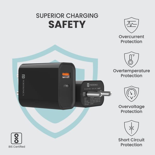 Portronics Adapto 45 22.5 W Mobile Charger Adapter with Dual Port (USB A + PD Type C), Fast Charging, Short Circuit Protection, Wide Compatibility (Black)