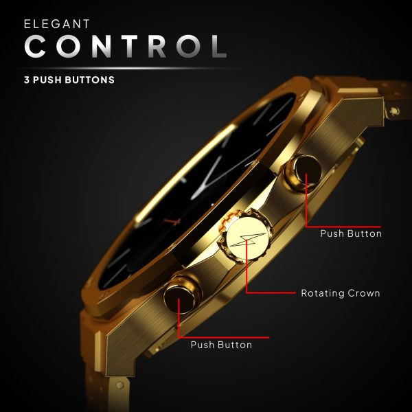 Fire-Boltt Royale Luxury Stainless Steel Smart Watch 36.32mm (1.43 inch) AMOLED Display, Always On, 750 NITS Peak Brightness 466 * 466 px Resolution. Bluetooth Calling, IP67, 75Hz Refresh Rate (Gold)