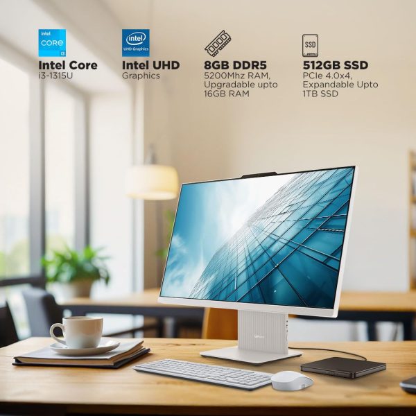 Lenovo IdeaCentre AIO 13th Gen Core i3-1315U 24" FHD IPS (8GB RAM/512GB SSD/Windows11/Office 21/3Wx2 Harman Speakers/Alexa Built-in/Wireless EOS Keyboard & Mouse, Grey), F0HN00FWIN All-in-One Desktop