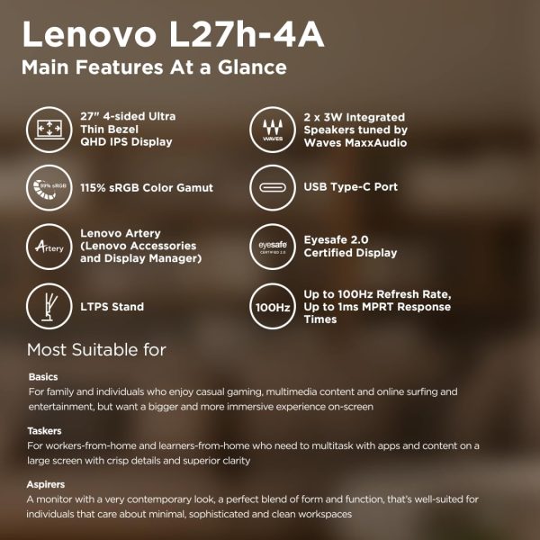 Lenovo L-Series L27H-4A 27 inch (68.5cm) QHD IPS Monitor