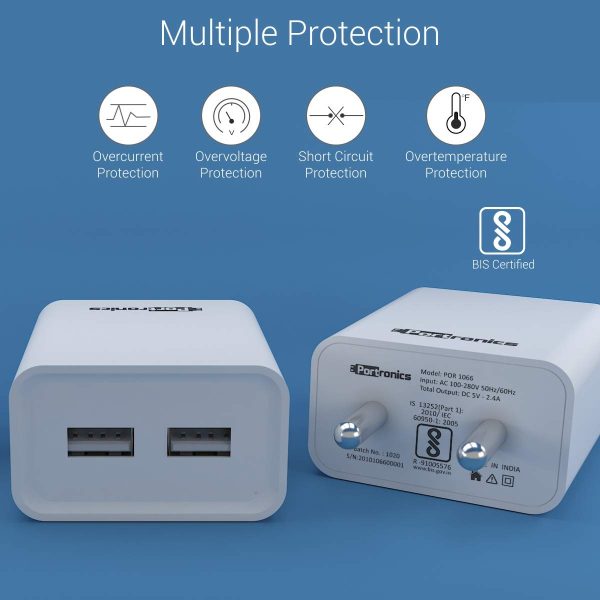 Portronics Adapto 66 2.4A 12w Dual USB Port 5V/2.4A Wall Charger,Comes with 1M Micro USB Cable, USB Wall Charger Adapter for iPhone 11/Xs/XS Max/XR/X/8/7/6/Plus(White)