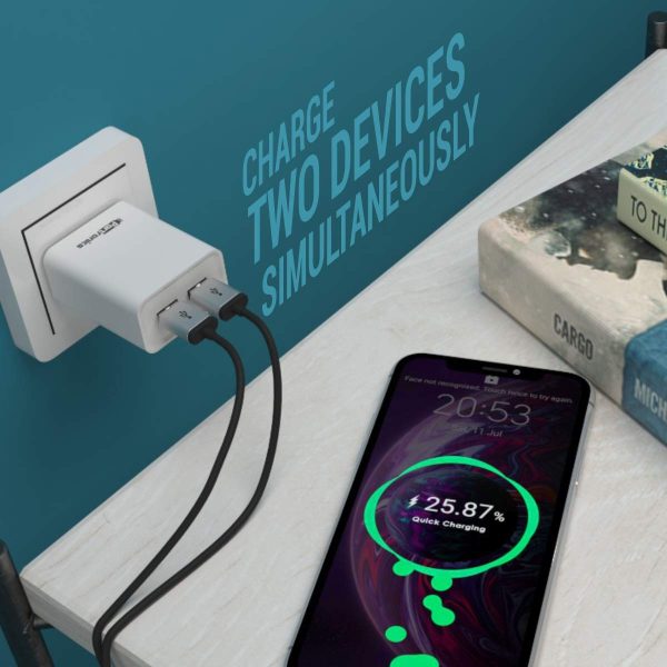 Portronics Adapto 66 2.4A 12w Dual USB Port 5V/2.4A Wall Charger,Comes with 1M Micro USB Cable, USB Wall Charger Adapter for iPhone 11/Xs/XS Max/XR/X/8/7/6/Plus(White)