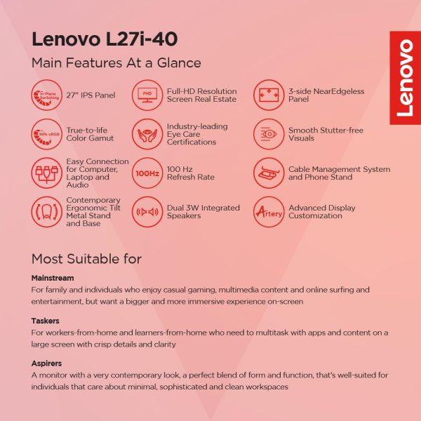 Lenovo L-Series L27i-40 27 inch (68.6cm) FHD IPS Ultraslim Monitor