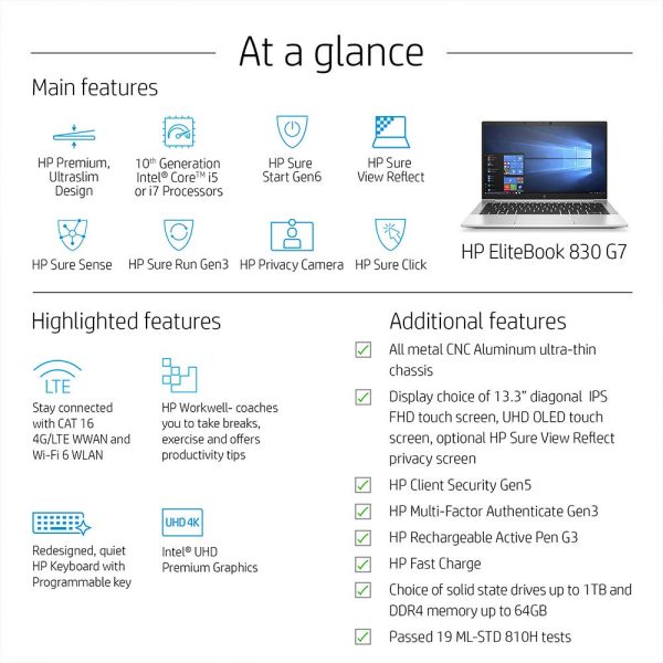 HP EliteBook 830 G7 13.3-inch Full-HD Business Laptop (Intel 10th Gen Core i5-10210U/8GB/512GB SSD/Windows 10 Pro/Intel UHD Graphics 620) Silver (Refurbished)