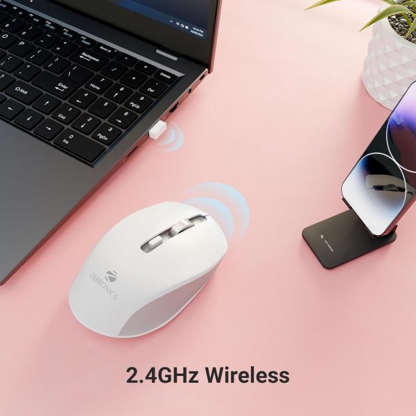 ZEBRONICS Zeb-Jaguar Wireless Mouse, 2.4GHz with USB Nano Receiver, High Precision Optical Tracking, 4 Buttons, Plug & Play, Ambidextrous, for PC/Mac/Laptop (White+Grey)