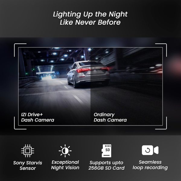 IZI Drive Plus+ 4K Dual Channel Dash Camera with GPS, 3inch HD Screen, 170° Wide Angle, Night Vision, G-Sensor, WiFi, ADAS, Emergency Recording, Made for Indian Roads, Optional Car Parking Monitor