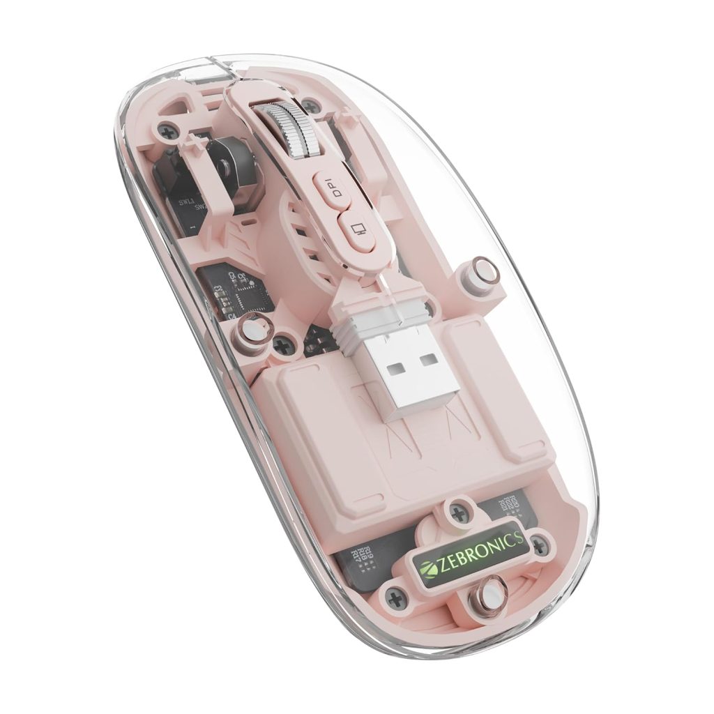 ZEBRONICS Sheer Rechargeable Wireless Mouse, Dual Mode (2.4GHz + BT), Dual Bluetooth, Silent Operation, Transparent Body, RGB, Battery Indicator, for Mac | Laptop | Computer (Pink)