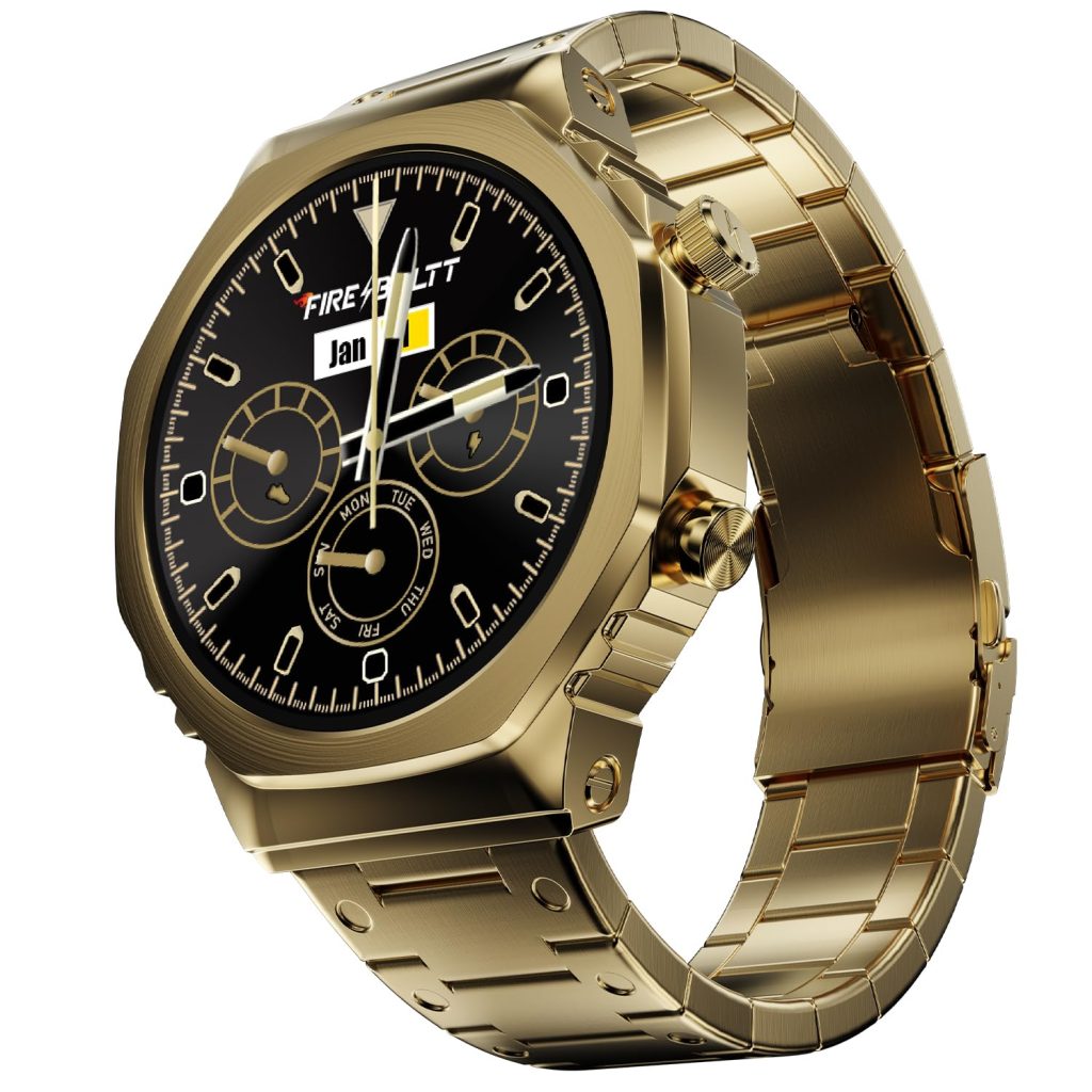Fire-Boltt Onyx- 36.3mm AMOLED Always On Display Smart Watch, 466 * 466 High Resolution, Bluetooth Calling, Steel Design, IP67, 4GB Storage, 300+ Sports Modes, 130+ Watch Faces (Gold)