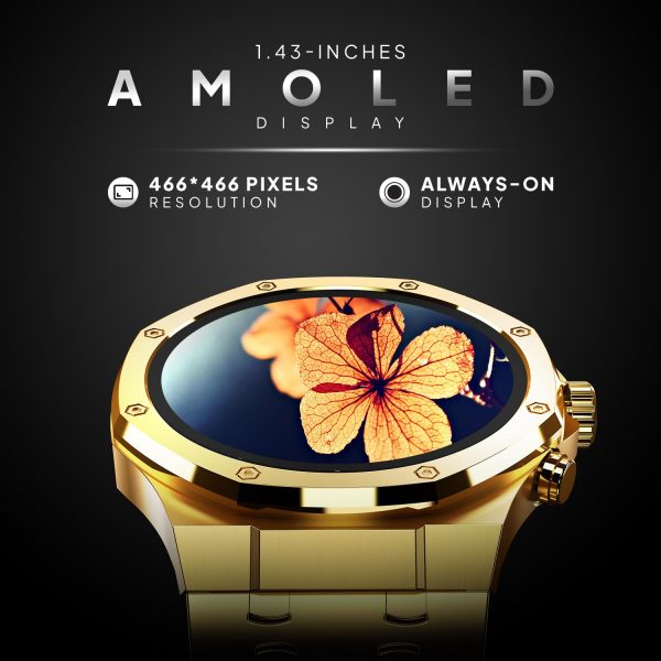 Fire-Boltt Royale Luxury Stainless Steel Smart Watch 36.32mm (1.43 inch) AMOLED Display, Always On, 750 NITS Peak Brightness 466 * 466 px Resolution. Bluetooth Calling, IP67, 75Hz Refresh Rate (Gold)