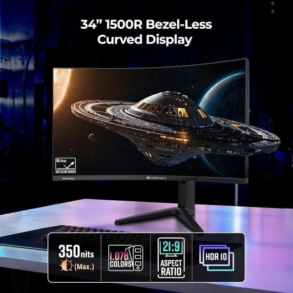 ZEBRONICS N34A 34"(86.4 cm) 1500R Curved Ultrawide Gaming Monitor, WQHD 3440x1440, 350Nits, 180Hz, 1ms MPRT, HDR10, 99% sRGB | 92% DCI-P3, Adaptive Sync, 2 x DP | 2 x HDMI | 1 x 3.5mm