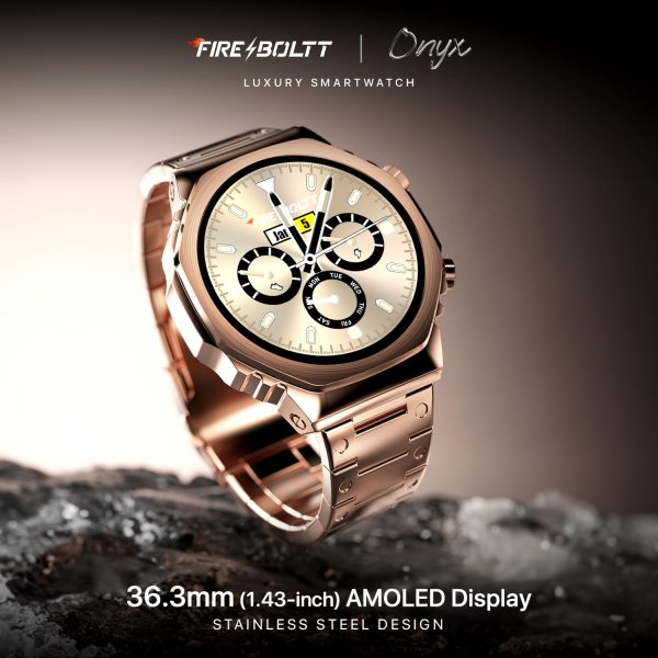 Fire-Boltt Onyx- 36.3mm AMOLED Always On Display Smart Watch, 466 * 466 High Resolution, Bluetooth Calling, Steel Design, IP67, 4GB Storage, 300+ Sports Modes, 130+ Watch Faces(Rose Gold)