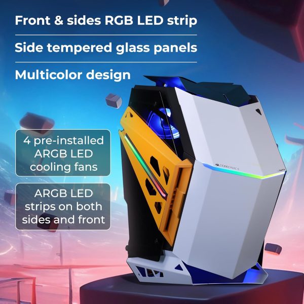ZEBRONICS Phantom Mid-Tower Premium Gaming Cabinet ATX/mATX/Mini ITX, 2X 120mm Top + 2X 120mm Rear Fan, ARGB Inner Glow,RGB LED Control, Dual Tempered Glass Side Panel, RGB LED Strip