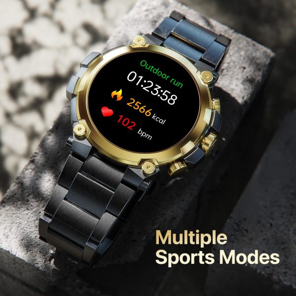 Fire-Boltt Dominian Smartwatch 36.3mm (1.43 inch) AMOLED Display, Stainless Steel Design, 466 * 466 px Resolution, Bluetooth Calling, Multiple Sports Modes, Health Mode, IP67, Weather Updates (Black Gold)