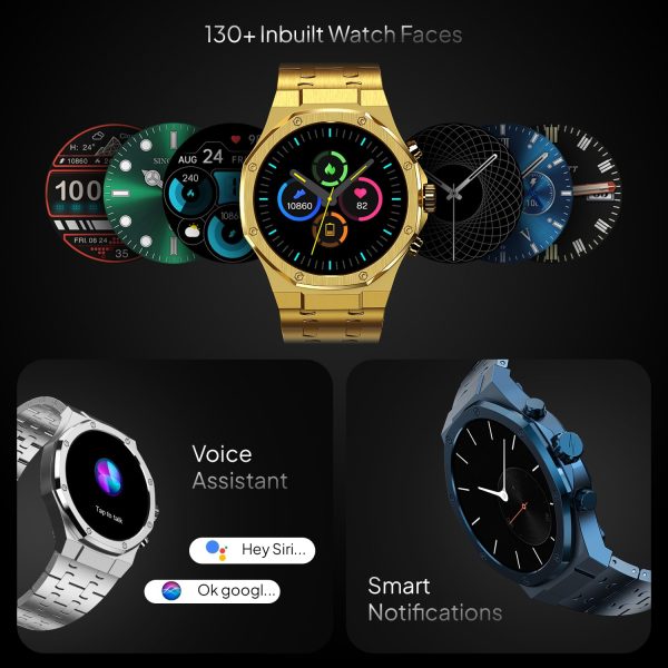 Fire-Boltt Royale Luxury Stainless Steel Smart Watch 36.32mm (1.43 inch) AMOLED Display, Always On, 750 NITS Peak Brightness 466 * 466 px Resolution. Bluetooth Calling, IP67, 75Hz Refresh Rate (Gold)