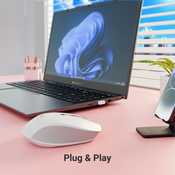 ZEBRONICS Zeb-Jaguar Wireless Mouse, 2.4GHz with USB Nano Receiver, High Precision Optical Tracking, 4 Buttons, Plug & Play, Ambidextrous, for PC/Mac/Laptop (White+Grey)
