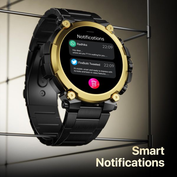 Fire-Boltt Dominian Smartwatch 36.3mm (1.43 inch) AMOLED Display, Stainless Steel Design, 466 * 466 px Resolution, Bluetooth Calling, Multiple Sports Modes, Health Mode, IP67, Weather Updates (Black Gold)