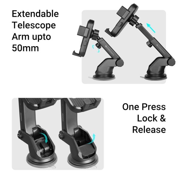 ZEBRONICS CMH110, Car Mobile Holder, Upto 6.8 inches, 360° Rotatable, One Press Lock and Release, Extendable Telescopic Arm, Strong Suction Cup for Windshield & Dashboard, Anti-Skid Silicone Pads