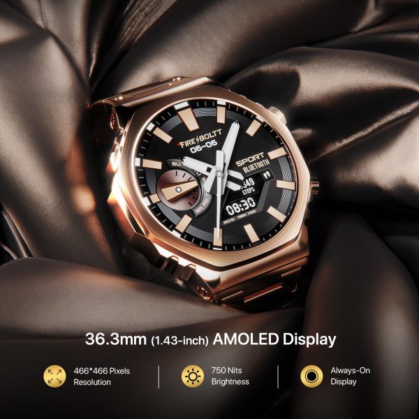 Fire-Boltt Onyx- 36.3mm AMOLED Always On Display Smart Watch, 466 * 466 High Resolution, Bluetooth Calling, Steel Design, IP67, 4GB Storage, 300+ Sports Modes, 130+ Watch Faces(Rose Gold)