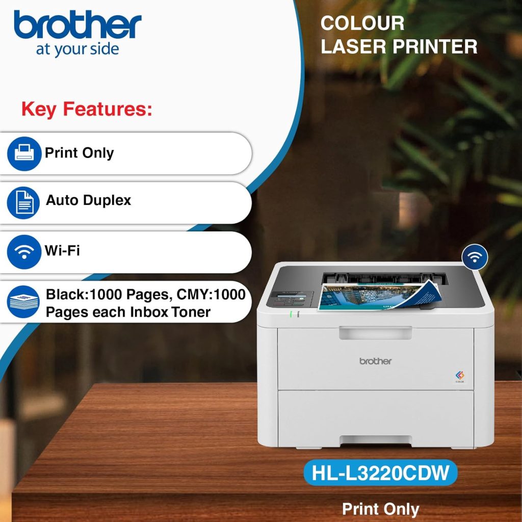 Brother HL-L3220CDW (New Launch) Automatic Duplex Color Laser LED Printer, 1 Line LCD Display, 256 MB Memory, 250 Sheets Paper Tray, USB 2.0, WiFi (Dual Band), WiFi Direct, 18 PPM, Free Installation