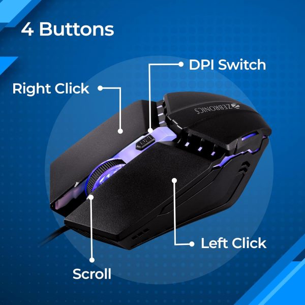 ZEBRONICS PHERO Wired Gaming Mouse with up to 1600 DPI, Rainbow LED Lights, DPI Switch, High Precision, Plug & Play, 4 Buttons