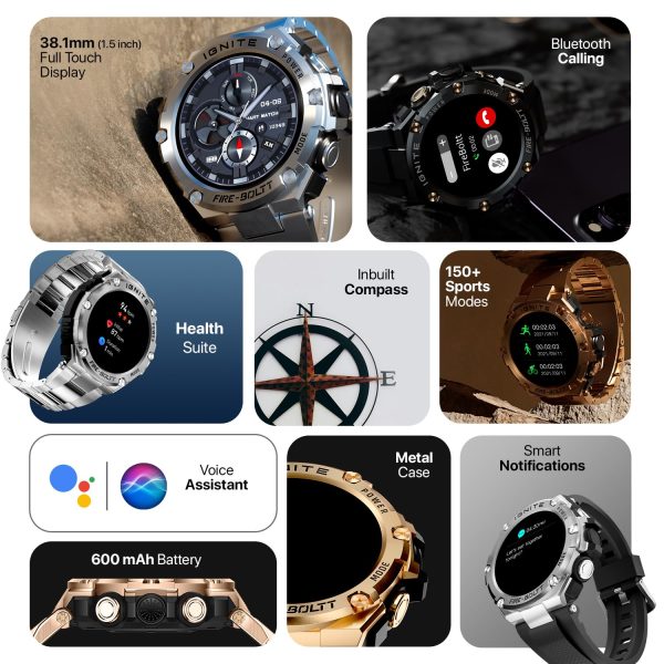 Fire-Boltt Assault Rugged Smartwatch – 1.5" HD Display, Bluetooth Calling, 600mAh Battery, Compass, Heart Rate & SpO2 Monitoring, 7-10 Days Battery Life, Heavy Metal Sports Design