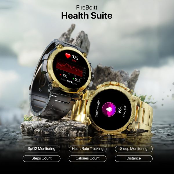 Fire-Boltt Dominian Smartwatch 36.3mm (1.43 inch) AMOLED Display, Stainless Steel Design, 466 * 466 px Resolution, Bluetooth Calling, Multiple Sports Modes, Health Mode, IP67, Weather Updates (Black Gold)