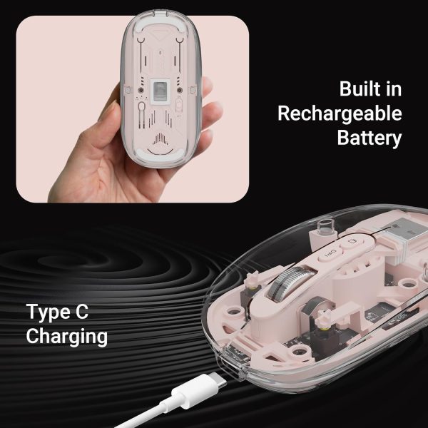 ZEBRONICS Sheer Rechargeable Wireless Mouse, Dual Mode (2.4GHz + BT), Dual Bluetooth, Silent Operation, Transparent Body, RGB, Battery Indicator, for Mac | Laptop | Computer (Pink)