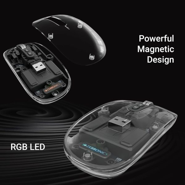 ZEBRONICS Sheer Rechargeable Wireless Mouse, Dual Mode (2.4GHz + BT), Dual Bluetooth, Silent Operation, Transparent Body, RGB, Battery Indicator, for Mac | Laptop | Computer (Grey)