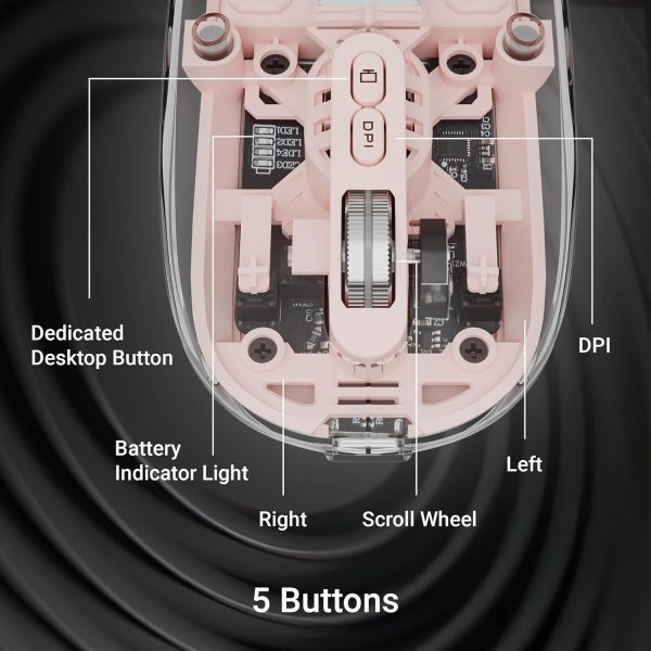 ZEBRONICS Sheer Rechargeable Wireless Mouse, Dual Mode (2.4GHz + BT), Dual Bluetooth, Silent Operation, Transparent Body, RGB, Battery Indicator, for Mac | Laptop | Computer (Pink)