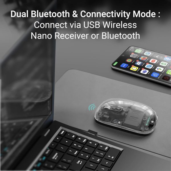 ZEBRONICS Sheer Rechargeable Wireless Mouse, Dual Mode (2.4GHz + BT), Dual Bluetooth, Silent Operation, Transparent Body, RGB, Battery Indicator, for Mac | Laptop | Computer (Grey)