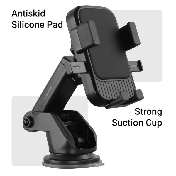 ZEBRONICS CMH110, Car Mobile Holder, Upto 6.8 inches, 360° Rotatable, One Press Lock and Release, Extendable Telescopic Arm, Strong Suction Cup for Windshield & Dashboard, Anti-Skid Silicone Pads